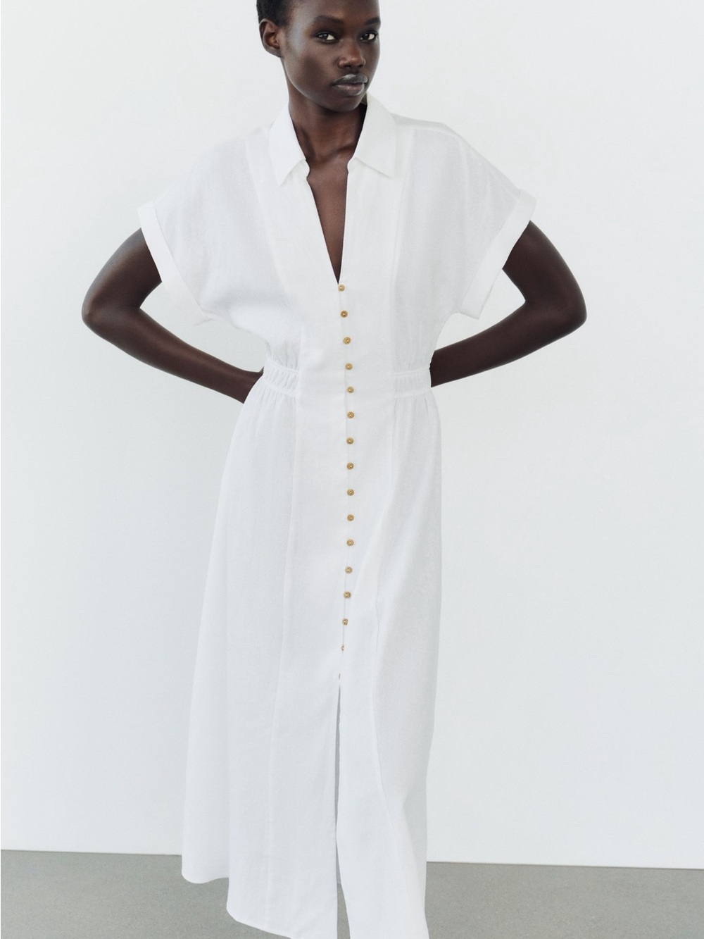 Zara Linen White Button-Front Midi Dress